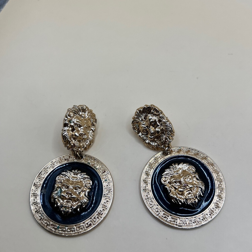 Gold and Black Lion Medallion Earrings